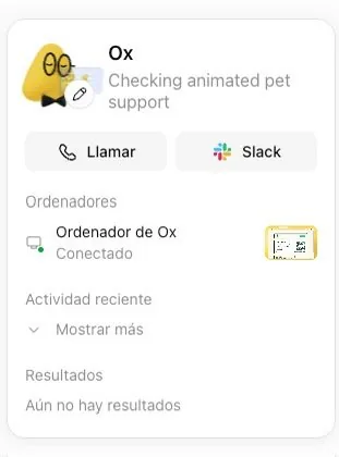 A dot named Ox in ChatGPT, shown in Spanish, with Call and Slack buttons, its connected computer, recent activity and results