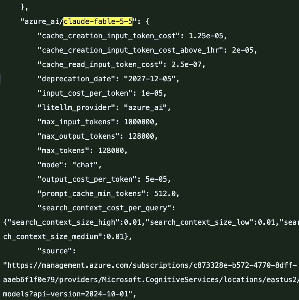 A LiteLLM pricing entry for azure_ai/claude-fable-5-5