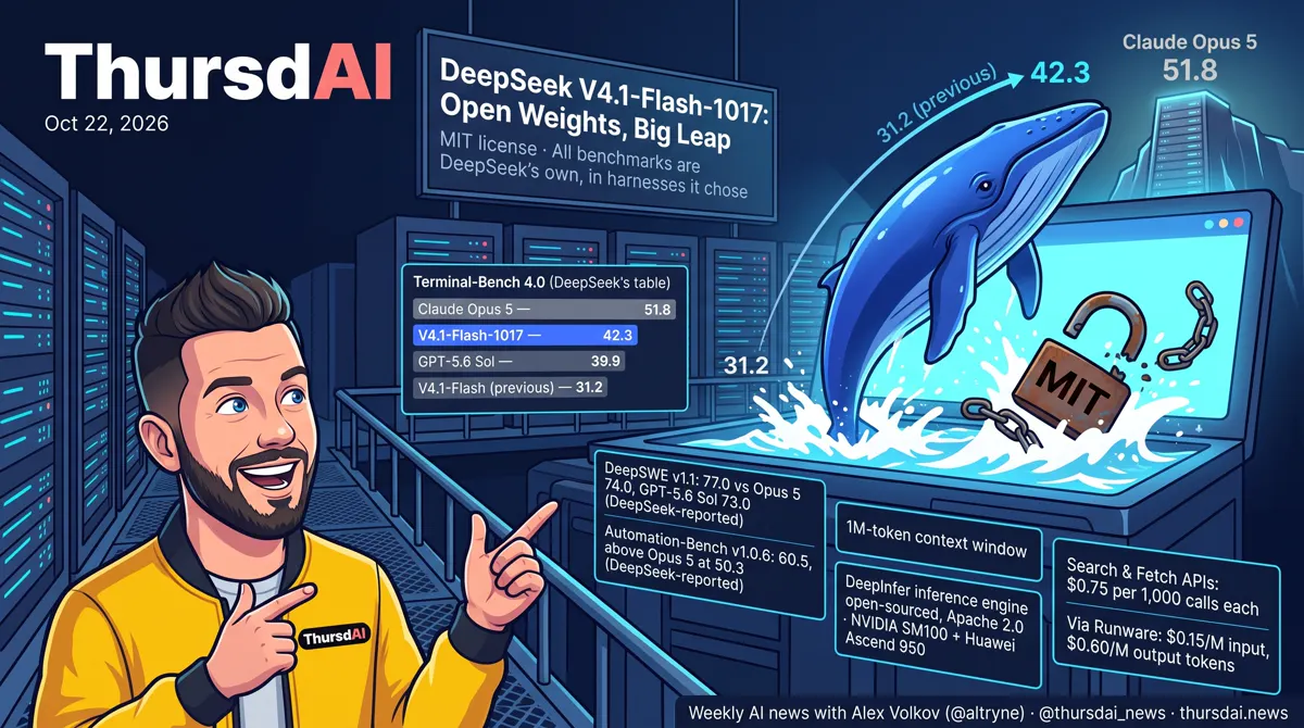 DeepSeek V4.1-Flash-1017: open weights, big leap. Terminal-Bench 4.0, DeepSWE, Automation-Bench and pricing, all DeepSeek-reported