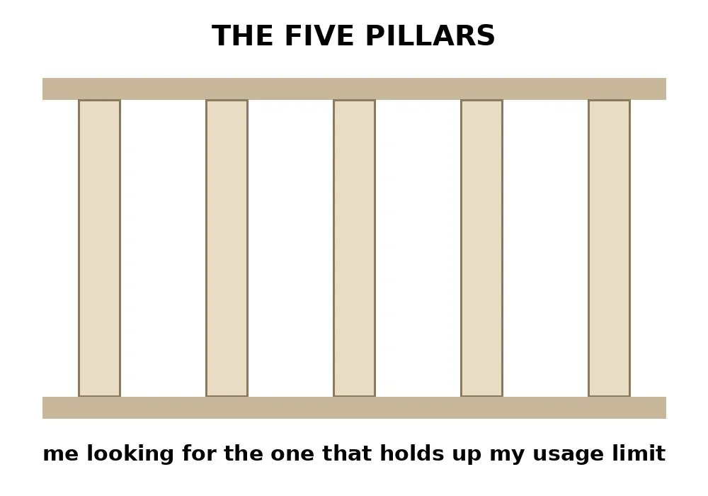 Meme: the five pillars, me looking for the one that holds up my usage limit