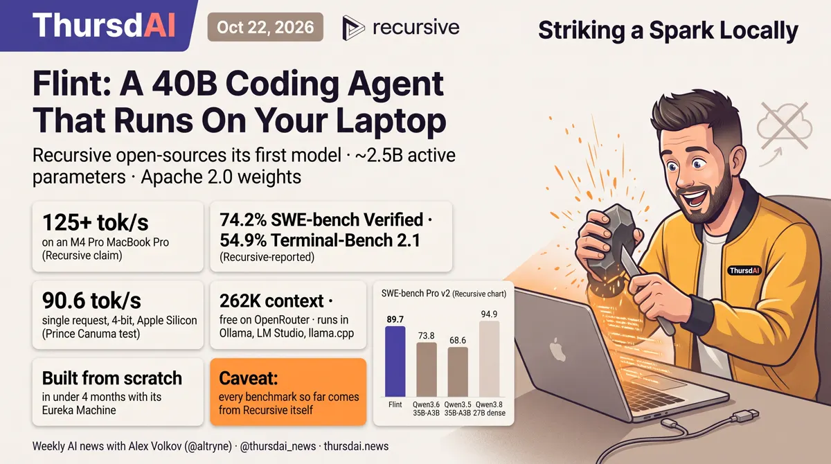 Flint: a 40B coding agent that runs on your laptop, with Recursive-reported benchmarks and the caveat that every benchmark so far is Recursive's own