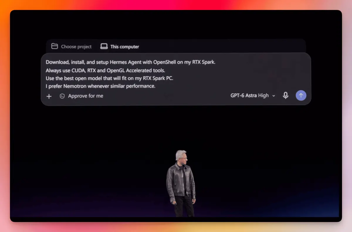 Jensen Huang on stage at GTC Berlin with the Hermes Agent prompt on screen