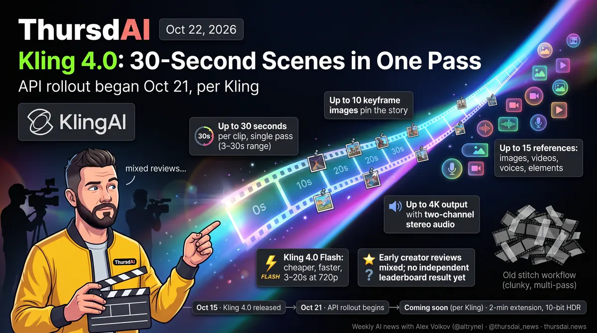 Kling 4.0: 30-second scenes in one pass, API rollout began Oct 21
