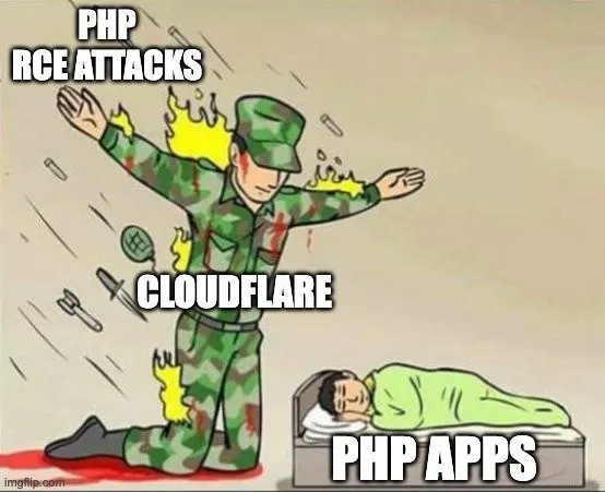 Meme: Cloudflare as a soldier taking the PHP RCE attacks for PHP apps