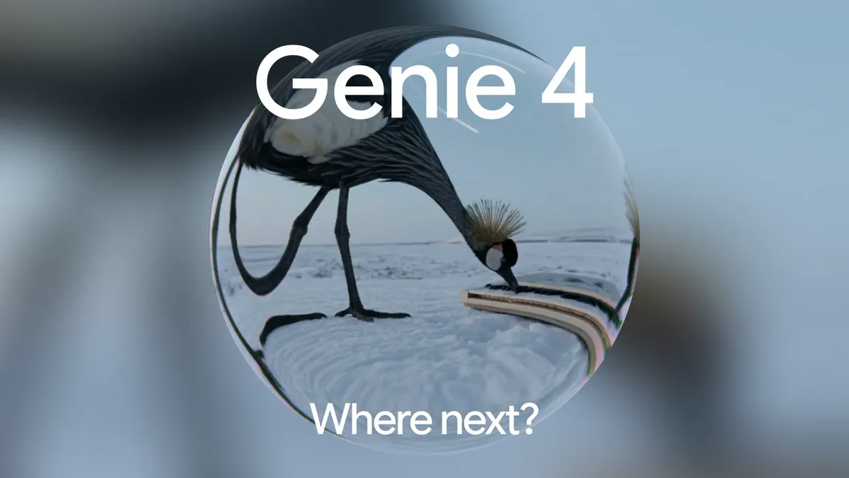Genie 4 announcement graphic: a crane in a snowy landscape inside a glass sphere, with the words Where next?